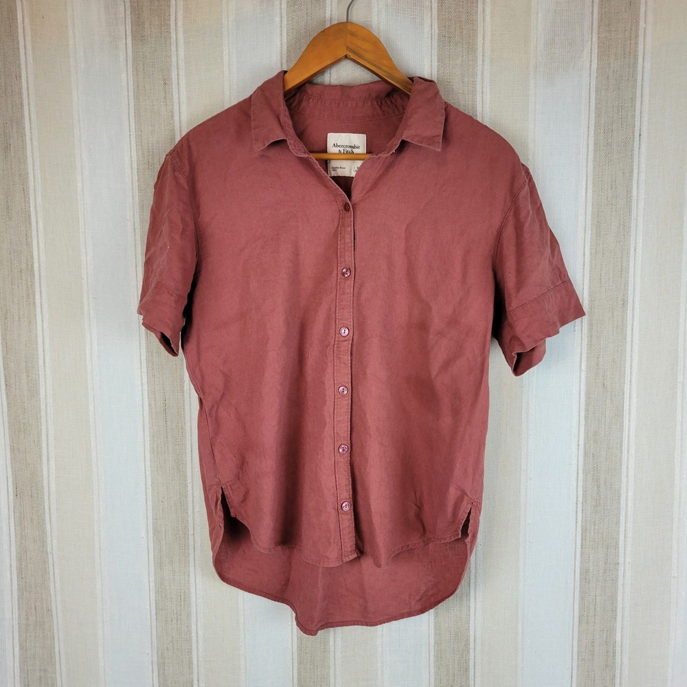 Abercrombie & Fitch Linen Blend Button Down Shirt Blouse Red Size Extra Small